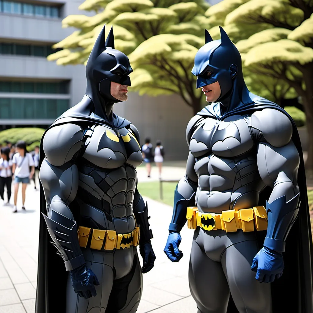 Prompt: Create an image of Batman having a conversation with a student on the Shingu University campus.