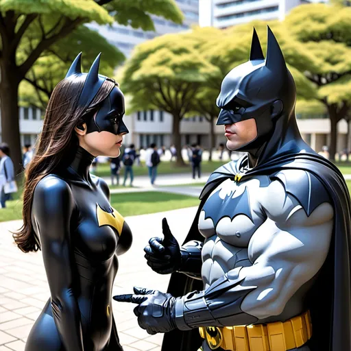 Prompt: Create an image of Batman having a conversation with a student on the Shingu University campus.