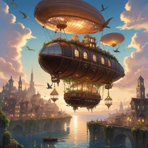 Prompt: "A whimsical floating city in the sky, composed of interconnected airships and suspended gardens. The city is bathed in the golden glow of a setting sun, casting long shadows and creating a warm, magical atmosphere. Each airship is uniquely designed, with intricate patterns and vibrant colors. The gardens are lush with exotic plants, cascading flowers, and tiny sparkling lights hanging from the branches. In the background, there are soft, fluffy clouds, and a few majestic birds soaring gracefully through the sky. Below the city, a serene, azure ocean reflects the colors of the sunset, with gentle waves adding to the tranquil ambiance. The scene captures a blend of steampunk aesthetics and fantasy, with a sense of adventure and wonder."