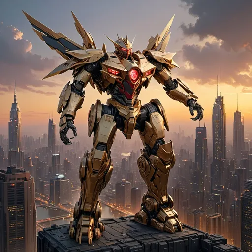 Prompt: Mecha with one red eye, flying over a city, full-body, cinematic render