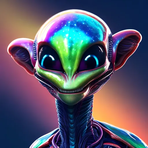 Prompt: Hd portrait photo of a friendly alien from another galaxy with colourful eyes. Show full upper body. 8k 3d animated style.