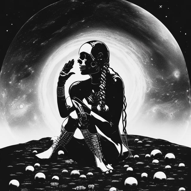 Prompt: space woman
 contemplating life black and white with skulls on moons



