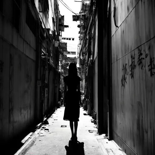 Prompt: tall slender woman with long hair in an alley in hong kong , with long shadows black and white 





