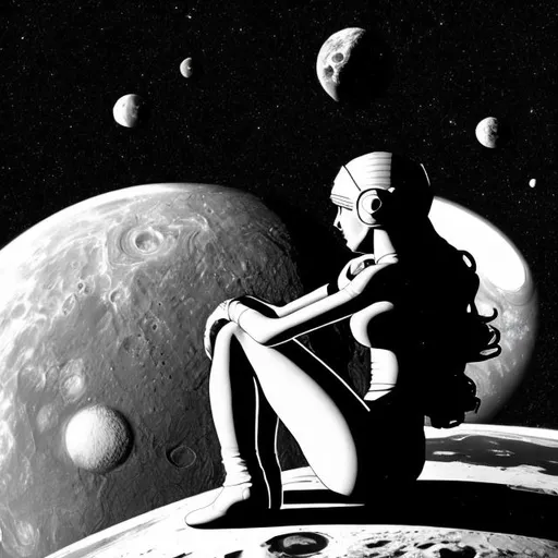 Prompt: space woman
 contemplating life black and white


