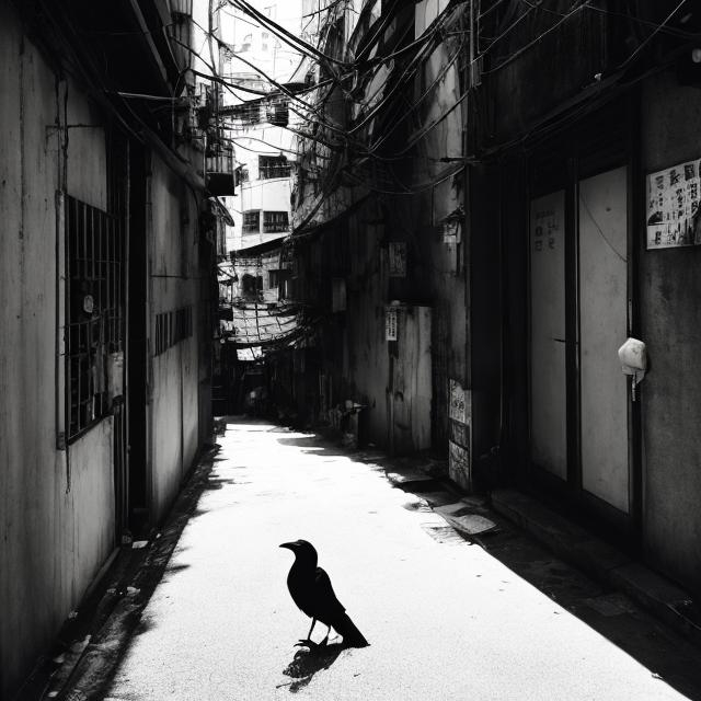 Prompt: crow in an alley in hong kong , with long shadows black and white 





