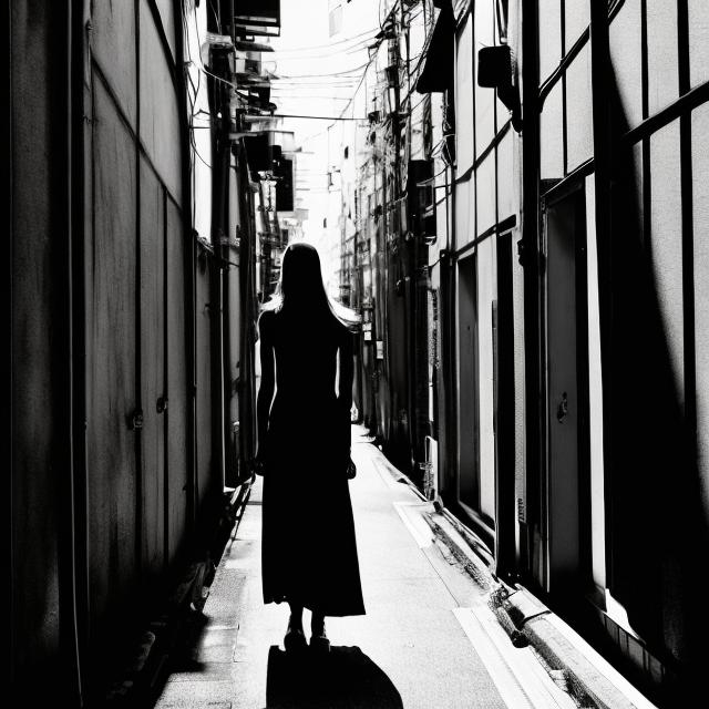 Prompt: tall slender woman with long hair in an alley in tokyo , with long shadows black and white 





