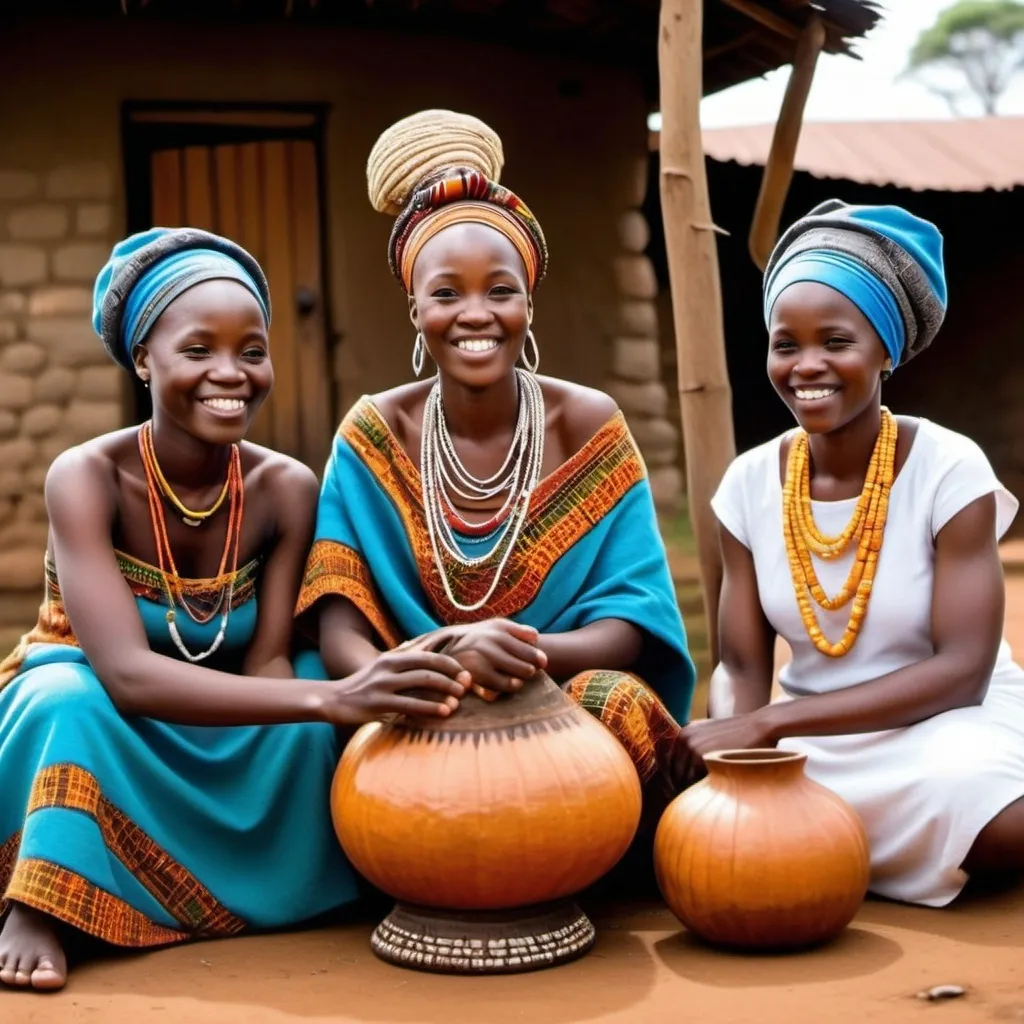 Prompt: "A warm and joyful scene of an African family gathered together, sharing stories around a cozy fire or in a home setting. Family members are dressed in traditional Kalenjin attire, showing their connection and unity. Include symbols of Kalenjin traditions, like gourds or ceremonial items, to evoke a sense of heritage. The atmosphere should feel nostalgic and comforting, with expressions of pride and happiness as they share meaningful stories."