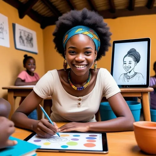 Prompt: "A young African woman discovering her passion for storytelling and animation. Show her sketching on a tablet with colorful animation frames in the background, and perhaps a few children watching her work. Include subtle symbols of growth, such as a stack of books or a timeline showing her progress, with a focus on the joy and determination in her expression."