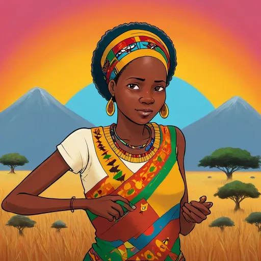 Prompt: "A hopeful and inspired African woman looking toward the horizon with a creative spark in her eyes. The background could feature colorful animated characters and elements representing children’s educational content. Include subtle Kalenjin cultural patterns, symbolizing the fusion of heritage and modern aspirations. The scene should feel empowering, forward-looking, and full of possibility."