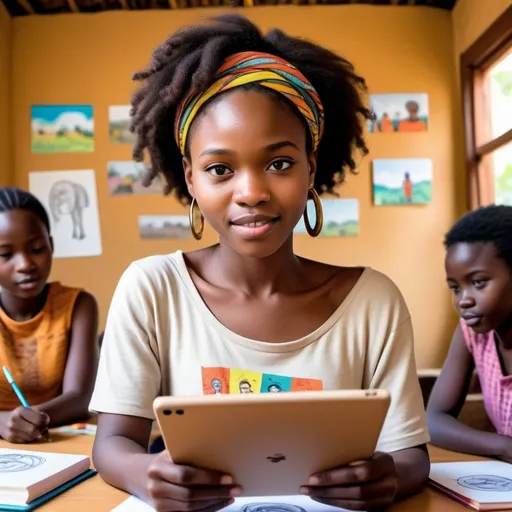 Prompt: "A young African woman discovering her passion for storytelling and animation. Show her sketching on a tablet with colorful animation frames in the background, and perhaps a few children watching her work. Include subtle symbols of growth, such as a stack of books or a timeline showing her progress, with a focus on the joy and determination in her expression.