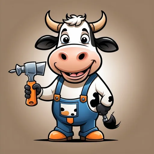 Prompt: design me an image.  I am a home handyman business and want to design a logo with a cow in it.  The cow needs to be a cartoon style cow, standing on hind legs.  In each of the front legs should be a tool, like a power drill or a hand saw.  there should be a smile on the cows face.