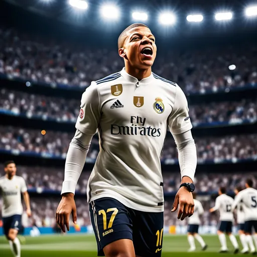 Prompt: Image of a football player, Kylian Mbappé, in a dynamic pose, standing confidently at the Santiago Bernabéu Stadium, surrounded by excited fans, vibrant stadium lights illuminating the scene, capturing the thrilling atmosphere of a match day, high-energy gameplay, detailed 4K imagery, showcasing realistic facial features, vivid and rich colors while reflecting RC Madrid's identity.