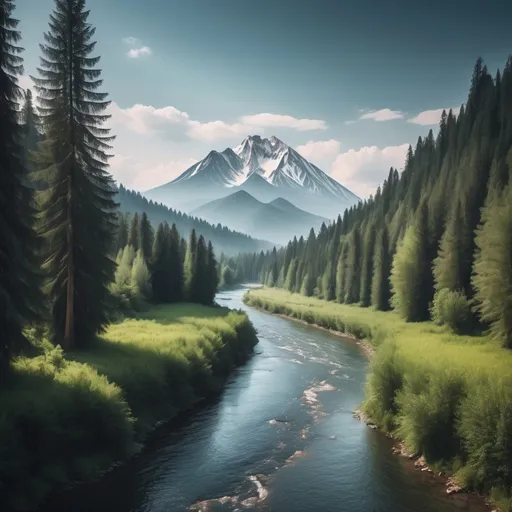 Prompt: A beautiful picture of a river with a forest surrounding at the end of the river you can see a big mountain in the distance