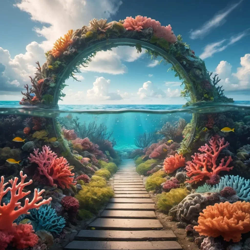 Prompt: A miror glowing path sourrounded by an overgrowth of colorful  coral and sea  plants a circular portail is  at the end of the path with roling clouds