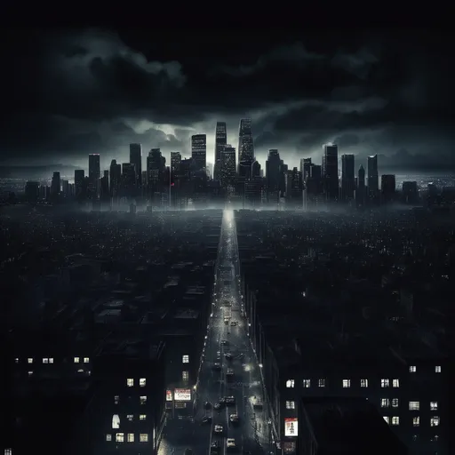 Prompt: a dark drama movie poster with a dark city in the background realstic looking with city lights on the city as well. No people from a wide over view of the city