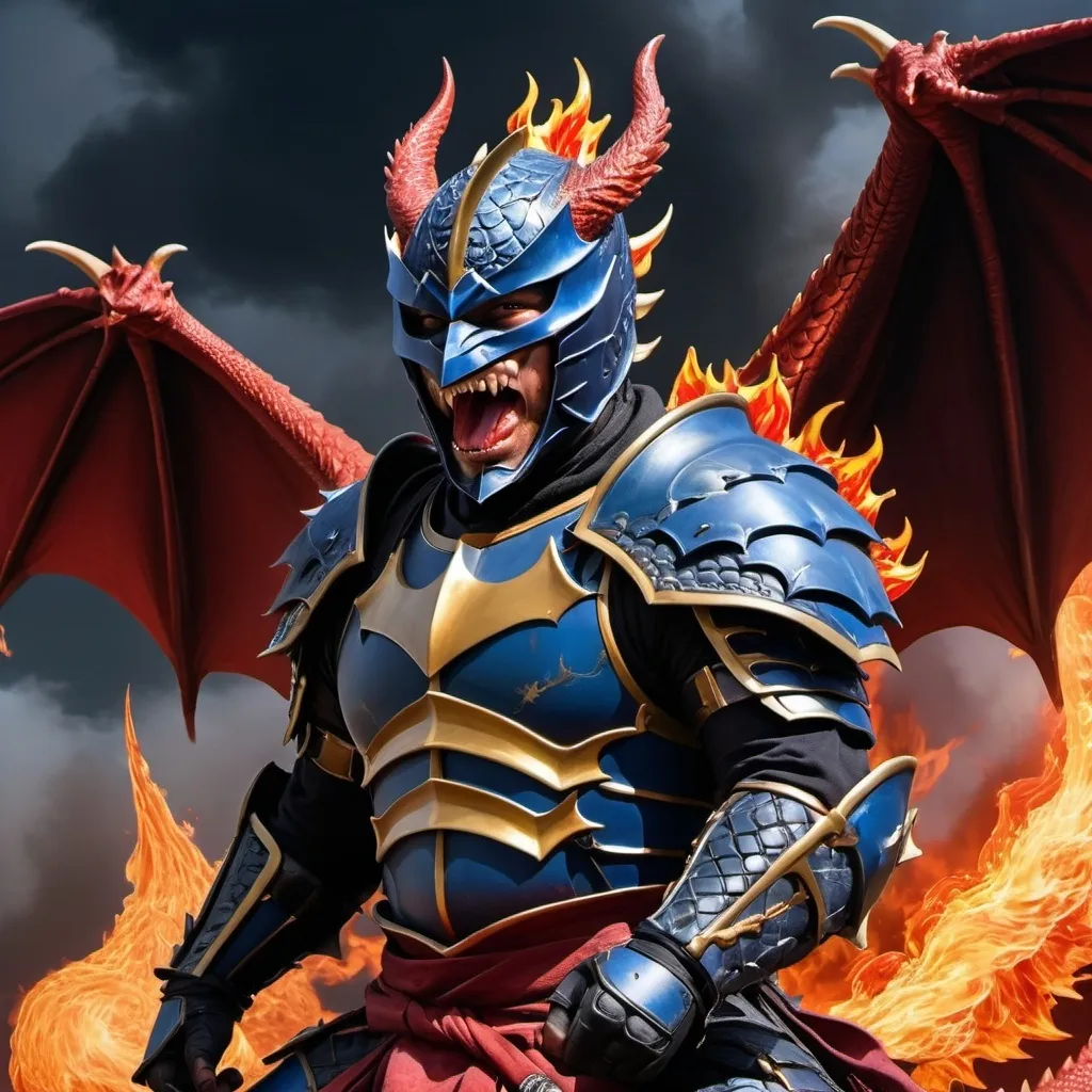 Prompt: A fantasy dark knight with a ninja headband on his head, wearing blue and gold armor, riding a fiery red dragon with flames coming out of his mouth off into the sky, hyper realistic 