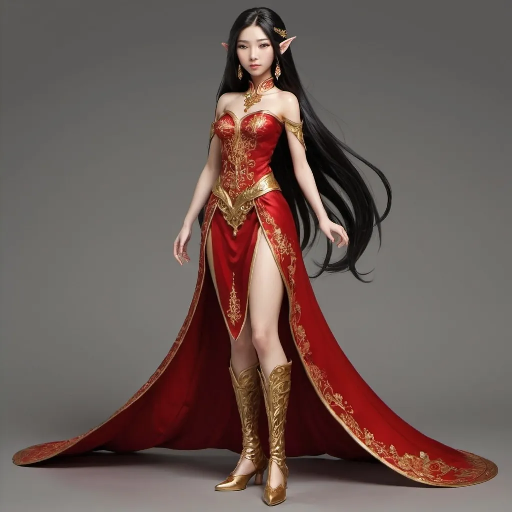 Prompt: 16 year old girl princess that is an elf skin color Asian with black silky long hair with a long red dress with 2 suits running down the side of both her right and left legs her shoes will be made out of amber her shoes will be boots that go up to knees. She will be Asian her dress will have designs on it with gold leafs for the design.