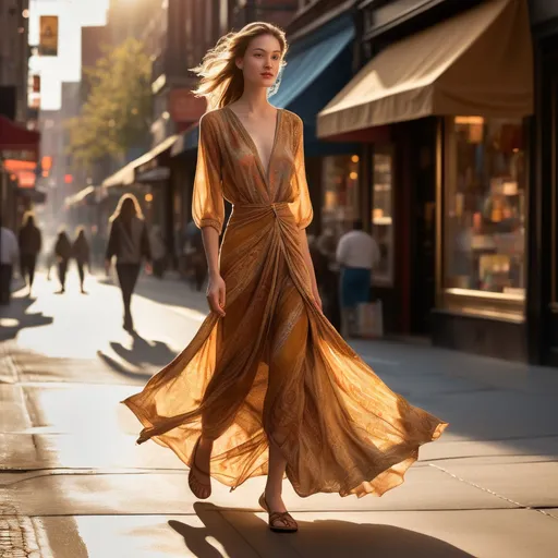 Prompt: Tall young woman walking down the high street, detailed clothing, realistic, natural lighting
