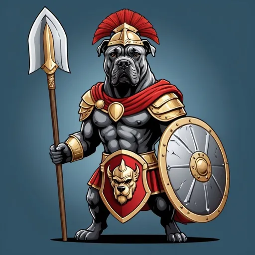 Prompt: Create an image in a graphic style of a mascot that is an anthropomorphic cane corso dog wearing a greek helmet and spartan hoplite armor with a round shield and spear