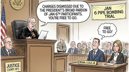 Prompt: A cartoon of a courtroom trial of the Jan 6 Pipe Bombing Suspect Brian J Cole Jr standing with a Judge declaring "Charges Dismissed due to the President's broad pardon of Jan 6th participants, You're free to go"