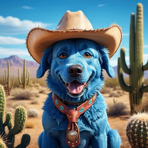 Prompt: A big blue dog with a cowboy hat on 