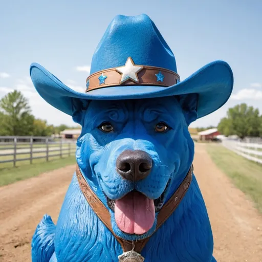 Prompt: A big blue dog with a cowboy hat on 