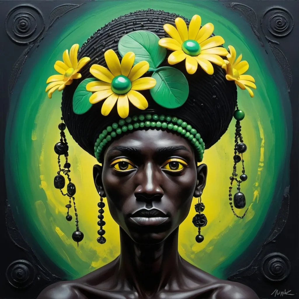 Prompt: a picture of a black figure with a green hat and beads on it's head and hands, with a yellow flower in the middle of the head, Americo Makk, pop surrealism, neo - expressionism, a surrealist sculpture