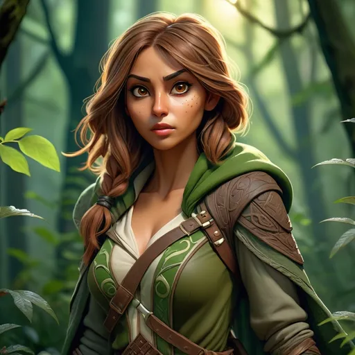 Prompt: Beautiful female in (assassin attire), light brown hair, olive skin, (unbothered and confident pose), surrounded by a lush (forest), soft moonlight filtering through branches, (atmospheric) mist curling through the trees, intricate details on clothing, (highly detailed), (vibrant green) foliage creating a dramatic contrast, overall (mysterious and enchanting), (4K) resolution for striking visual impact.