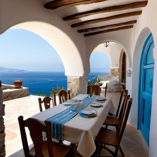 Prompt: photography, photorealistic, sunset, clear sky, wholesome, wide angle, slightly elevated, deep depth of field, white and blue, clean lines, curved arches, traditional Aegean patterns, smooth plaster, rough stone, warm tones, high contrast, symmetrical facade, asymmetrical interiors, intricate ironwork, wooden shutters, terracotta roof tiles, plaster, stone, wood, natural light, sunlight reflecting on the water, soft glow, reflections in the sea, coastal Aegean landscape, traditional Aegean, modern amenities within traditional design, blend of old-world charm with modern luxury, terracotta tiles, whitewashed plaster, exposed wooden beams, open-concept rooms with large windows facing the sea, stone, wood, plaster, two-room cottage, family enjoying the view, relaxing, dining, playing, story of a peaceful seaside retreat, weathered wooden shutters, Mediterranean plants, natural, stone pathway leading to the cottage, expansive sea view, balanced proportions between cottage and landscape