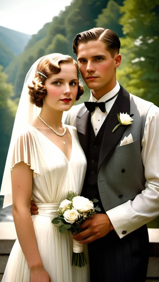 Prompt: Use art deco and depression era American realism to create a portrait of a young 1930s middle class couple as stunningly beautiful bride and groom. They're dressed for the era and the occasion, and they are "looking to the future" in classic 1930s New Deal socialist pose. In the distant background are woods giving way to a hydroelectric dam. A Douglas DC-3 plane and flies towards a distant city, solarised, suspense, melancholy, beautiful, 1930s, low-key lighting, defined light source, doodle, sturm und drang, tonalism, watercolor, oil, lithograph, mixed media