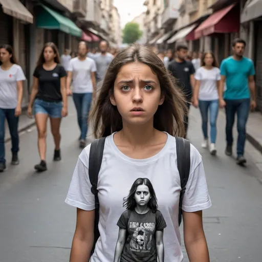 Prompt: a girl walking in the street. We only see the face of the girl. She realizes that every human around the street wearing the same t shirt with same color. She is scared.