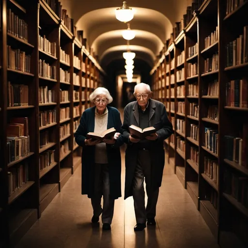 Prompt: Dark backround, very old people in a big hallway with Books in thier hands