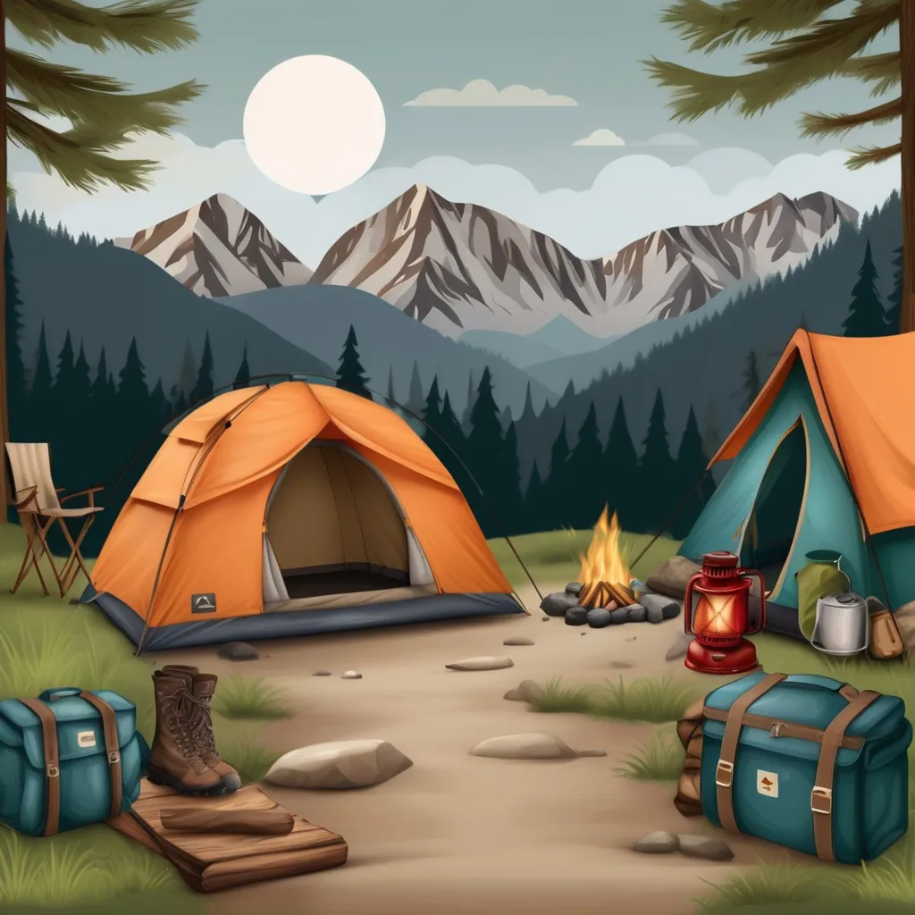 Prompt: Design clipart featuring camping gear, mountains, and tents, perfect for outdoor adventure themes. Add natural textures like wood and stone for a rugged feel.