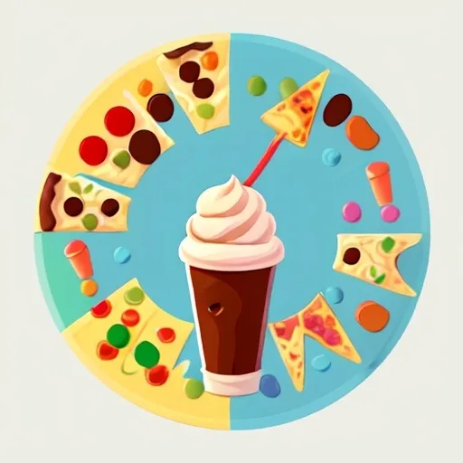 Prompt: Illustrate a variety of popular food and drink items, such as pizza slices, coffee cups, and ice cream cones. Use vibrant colors and cartoonish proportions for a fun, playful look.