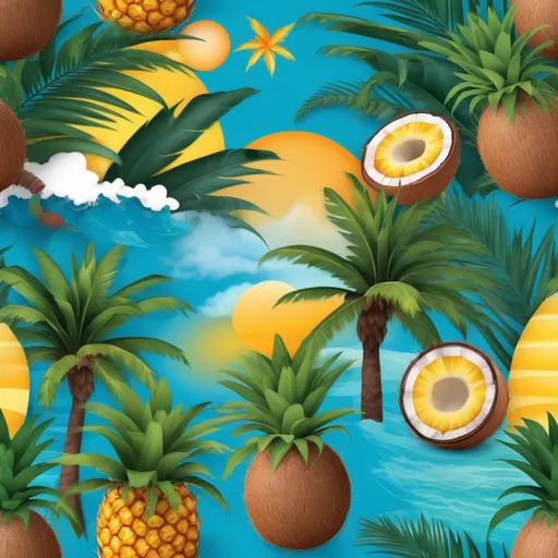 Prompt: Create tropical-themed clipart with palm trees, pineapples, and coconuts. Add bright colors like sunny yellow and ocean blue for a vacation feel.