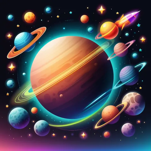 Prompt: Illustrate a set of space-themed clipart with planets, rockets, and stars. Add glowing effects and gradient colors to give the elements a futuristic vibe.