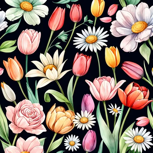 Prompt: Generate elegant floral clipart with roses, tulips, and daisies in soft watercolor style. Each flower should have delicate petals, vibrant colors, and intricate leaves.