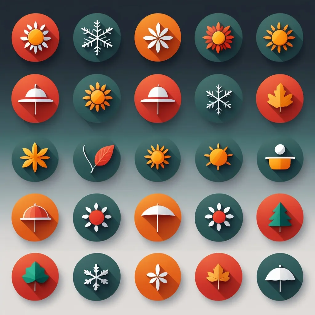 Prompt: Design a collection of seasonal icons for winter, spring, summer, and autumn. Include items like snowflakes, blooming flowers, sun hats, and falling leaves with a minimalist, clean line style.