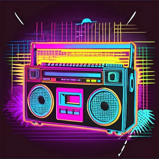 Prompt: Generate clipart with retro 80s themes, including boomboxes, cassette tapes, and neon sunglasses. Use bright neon colors and bold outlines for an authentic throwback look.