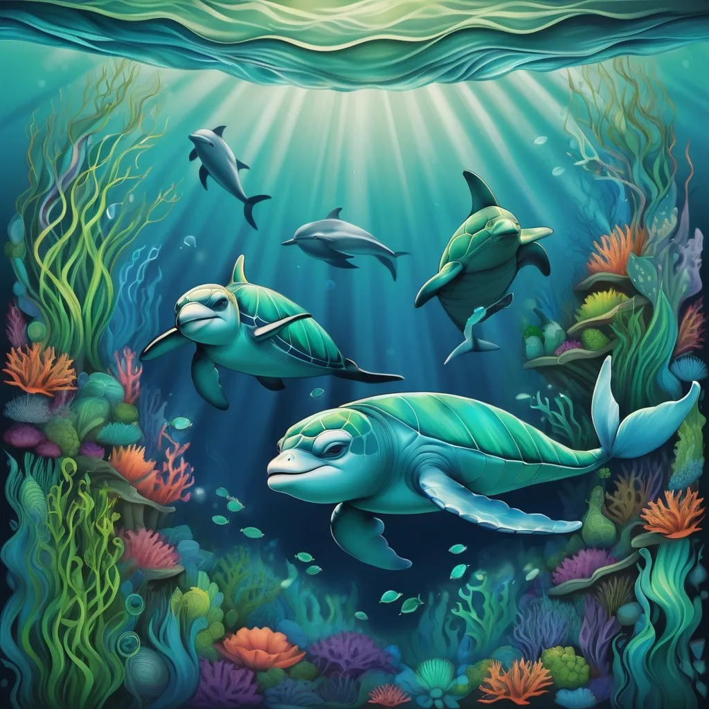 Prompt: Design underwater creatures such as fish, dolphins, and sea turtles. Use gradients of blue and green, with wavy, flowing lines to represent water movement.