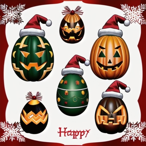 Prompt: reate themed holiday clipart for Christmas, Halloween, and Easter. Include items like Santa hats, pumpkins, and Easter eggs, with a glossy, shiny finish.