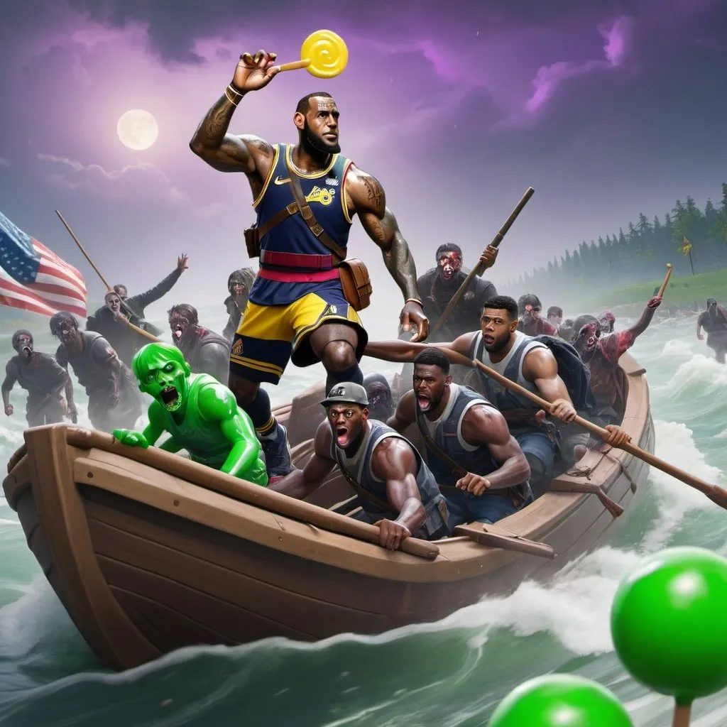 Prompt: Lebron with green candy crossing the Delaware during a zombie apocalypse while escaping the fortnite storm