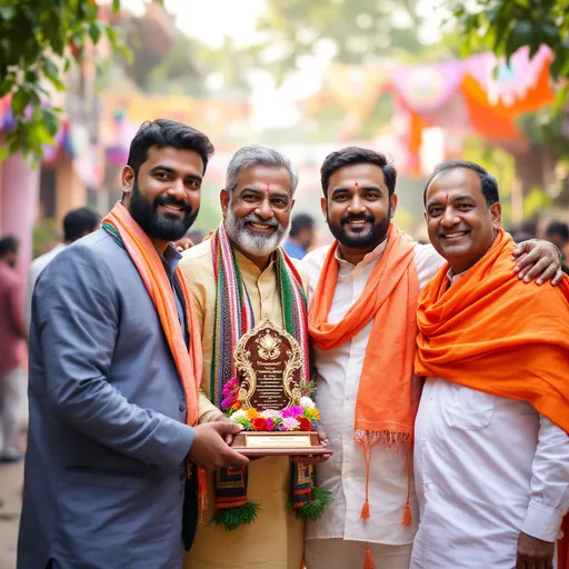 Prompt: Gathered in a vibrant outdoor setting, four men proudly pose for a photograph, showcasing a celebratory atmosphere. The central figure, adorned with a colorful scarf and holding a decorative award, exudes a sense of achievement and pride. The three others, draped in bright orange shawls, stand closely together, their expressions conveying joy and camaraderie. The background suggests a festive occasion, with a hint of banners and greenery, and the soft, diffused sunlight indicates a warm day. This image captures a moment of community spirit and recognition, underscoring the importance of celebration and connection among friends.