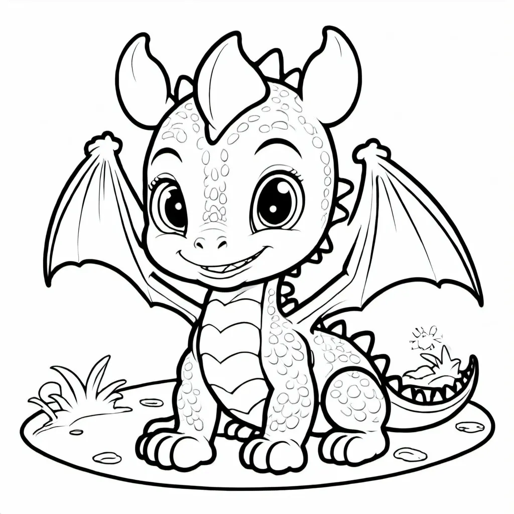 Prompt: a coloring book image of a baby dragon getting ready for bed after a long day of playing