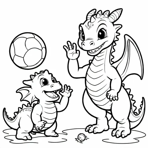 Prompt: a coloring book image of a baby dragon throwing the ball to another dragon