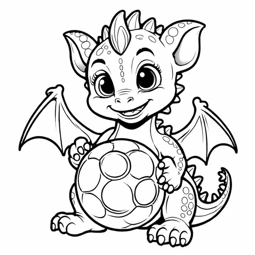 Prompt: a coloring book image of a baby dragon holding a ball