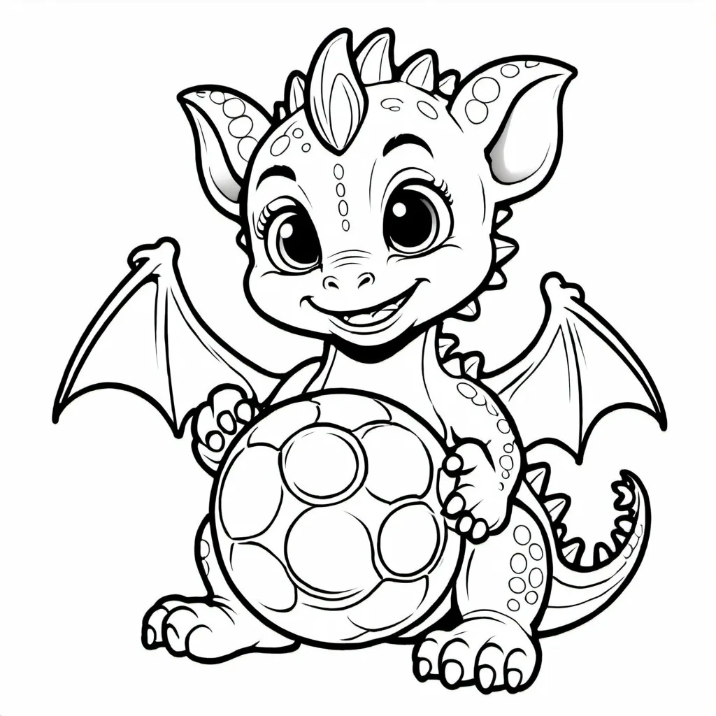 Prompt: a coloring book image of a baby dragon holding a ball