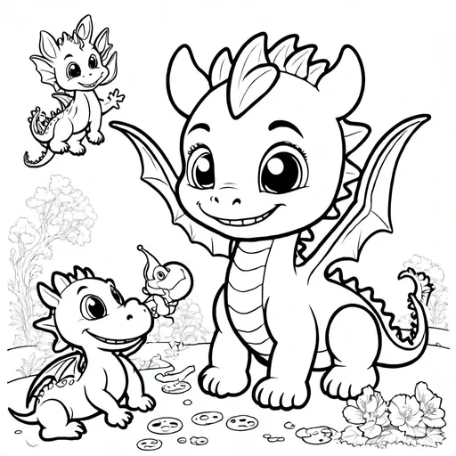 Prompt: a coloring book image of a baby dragon playing with his dragon buddies