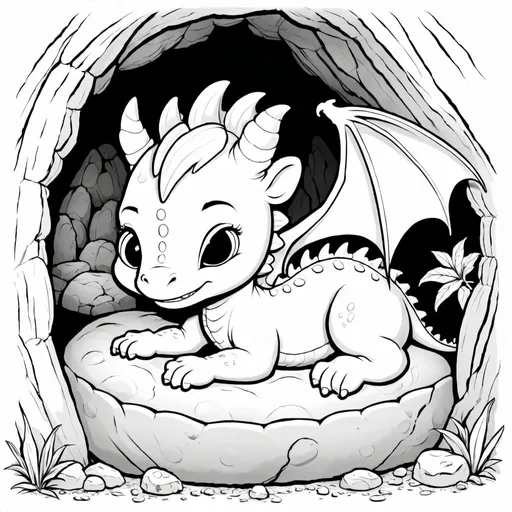 Prompt: a coloring book image of a baby dragon sleeping in his bed in a cave 