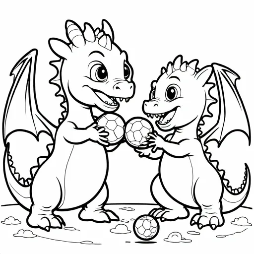 Prompt: a coloring book image of a baby dragon throwing the ball to another dragon